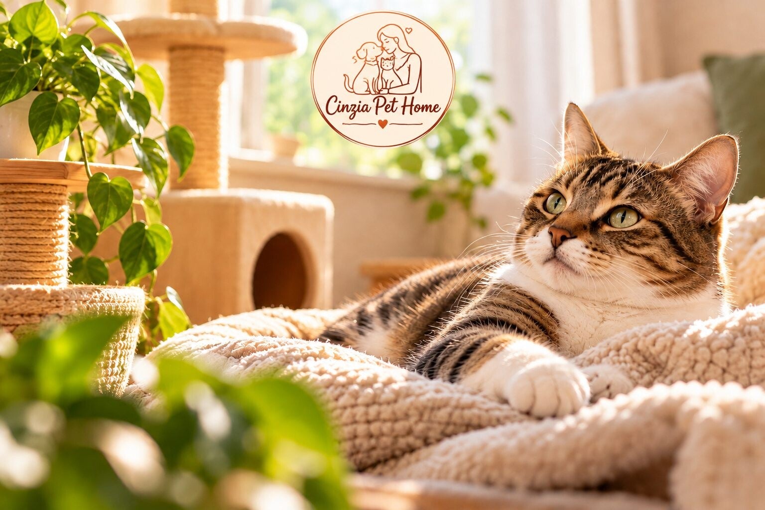 Gatto tigrato rilassato su una morbida coperta nella propria casa, con logo Cinzia Pet Home.