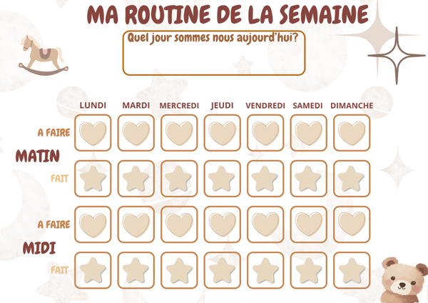 Support routine Semainier du lundi au dimanche  . Matin , midi,Après-midi et soir
