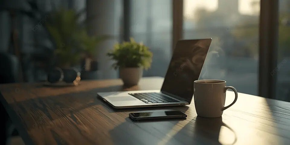 Calm workspace with laptop, coffee, and natural light, representing a sustainable planning system designed for real-life productivity