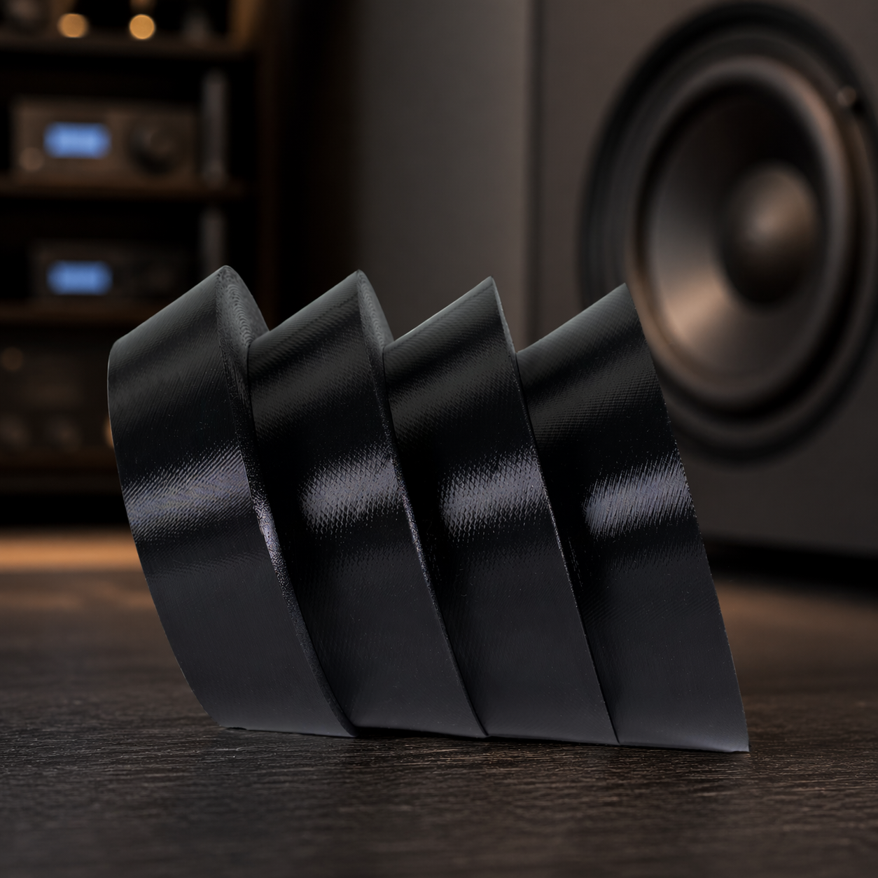 Vier KlangAnker Füsse vor einem Subwoofer