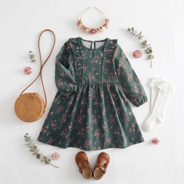 Doll Neck Floral Print Dress Toddler Girl Long Sleeve Princess Dress