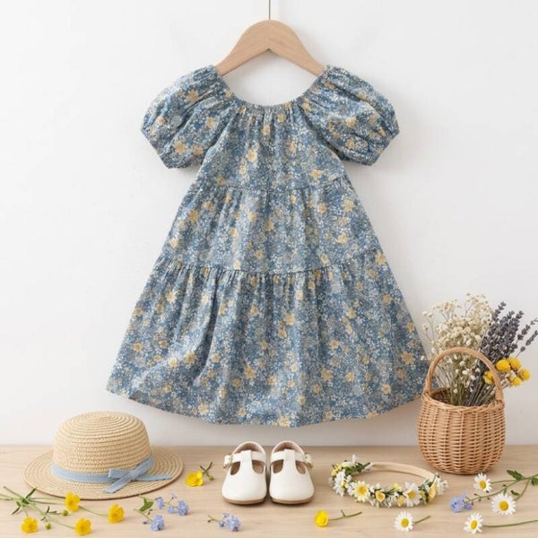 Toddler Girl Floral Summer Smocked Bow Back Knee Length