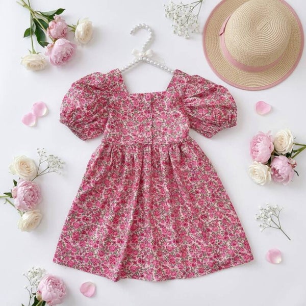 Toddler Girl Floral Summer Casual Puff Short Sleeve Dress