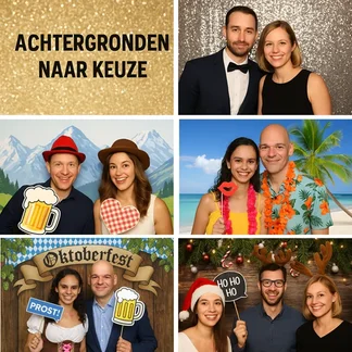 Voorbeeld van photobooth achtergronden naar keuze: chique gouden glitter, bergen, tropisch eiland, Oktoberfest en kerstthema met feestelijke props
