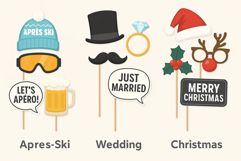 Drie sets photobooth props: après-ski met muts, skibril en bier, wedding met hoed, ring en snor, en kerst met kerstmuts, rendierbril en 'Merry Christmas'-bordje