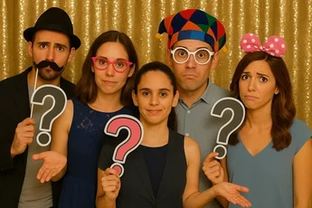 Vijf mensen in een photobooth voor een gouden glitterachtergrond, met grappige brillen, hoeden en vraagtekens in de hand, kijkend met vragende gezichten. sara mendoza