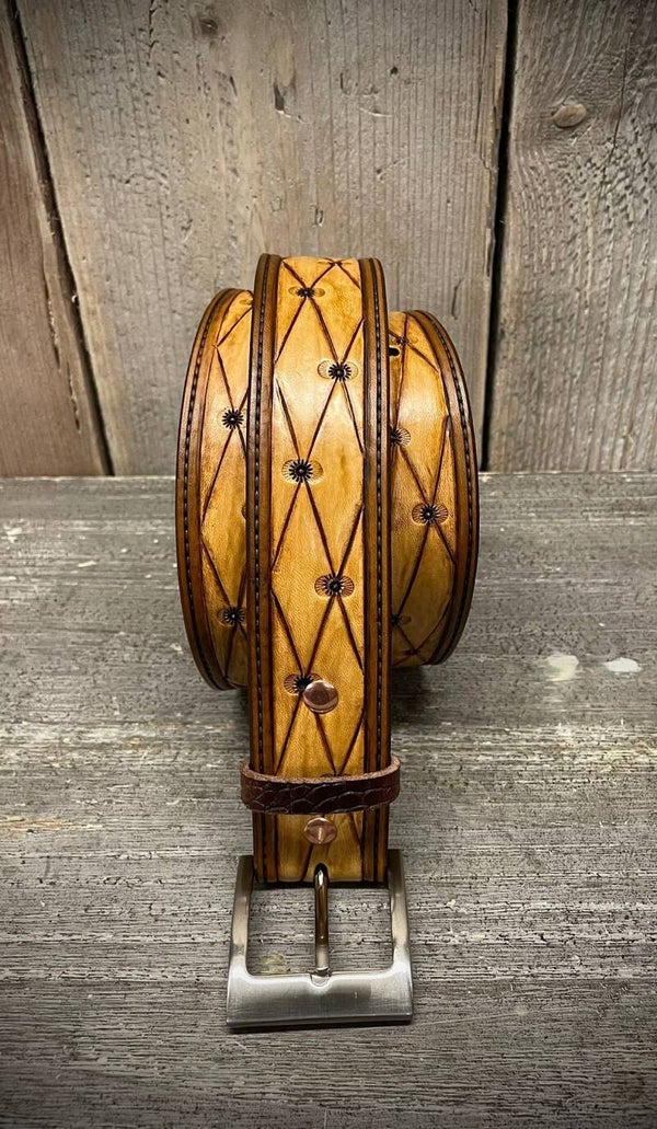 Customshop herenriem bruin met ruit accenten 40mm breed