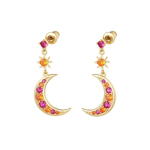 Oorbellen sparkle star & moon goud - fuchsia - oranje