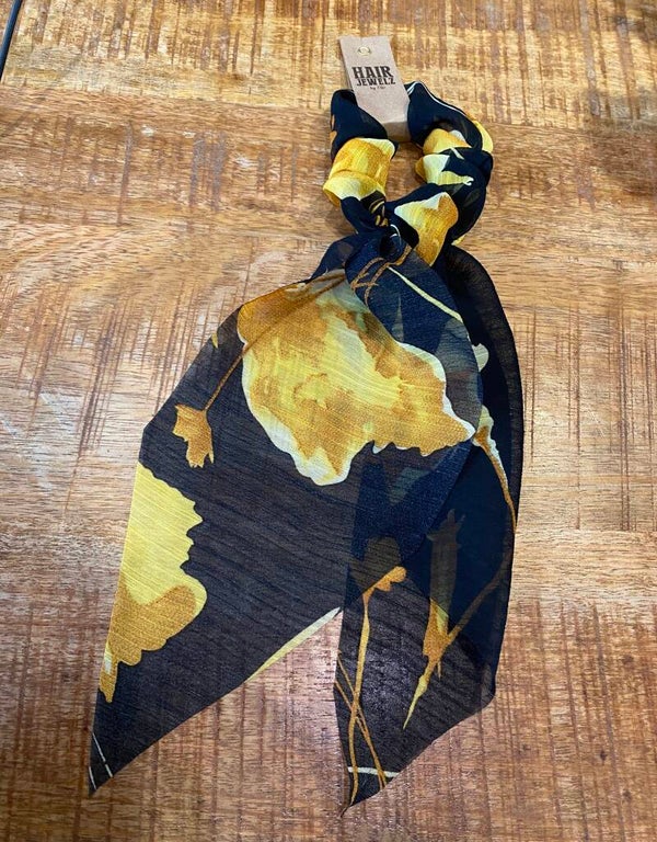 Hairjewelz scrunchie met lint Romantic Bloom marineblauw - geel