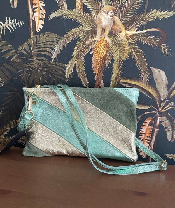 Lederen schoudertas rainbow metallic mintgroen - goud