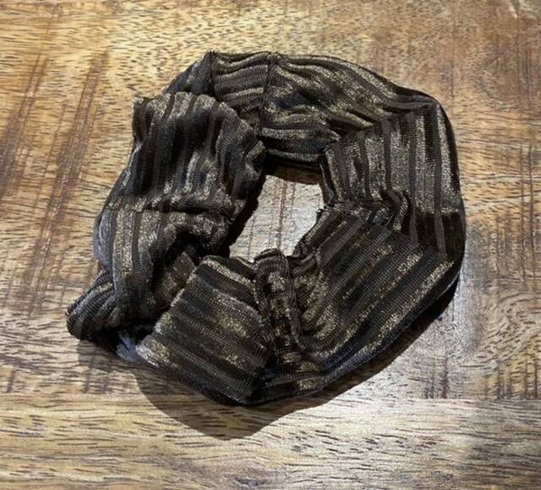 Scrunchie velvet stripe donkerbruin