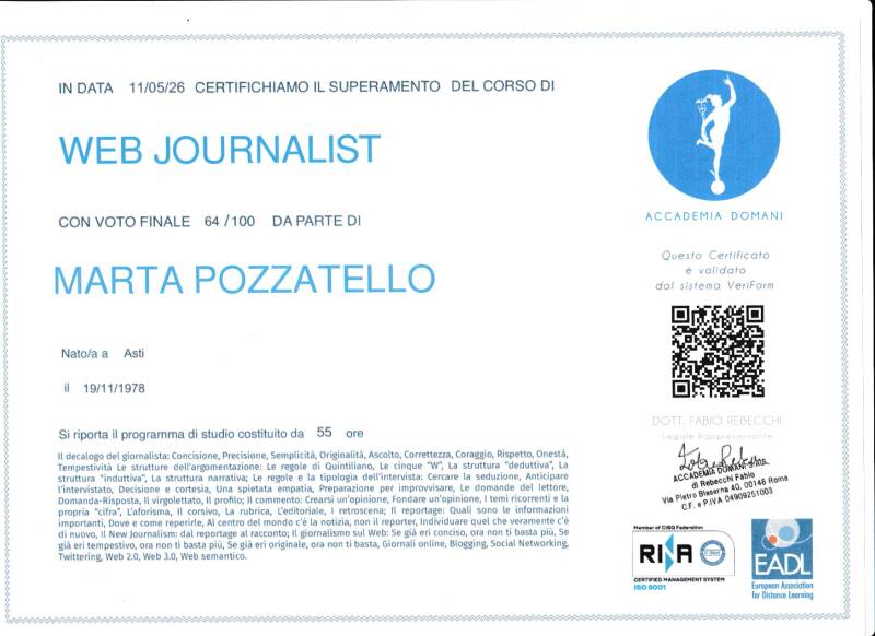 attestato corso web journalist