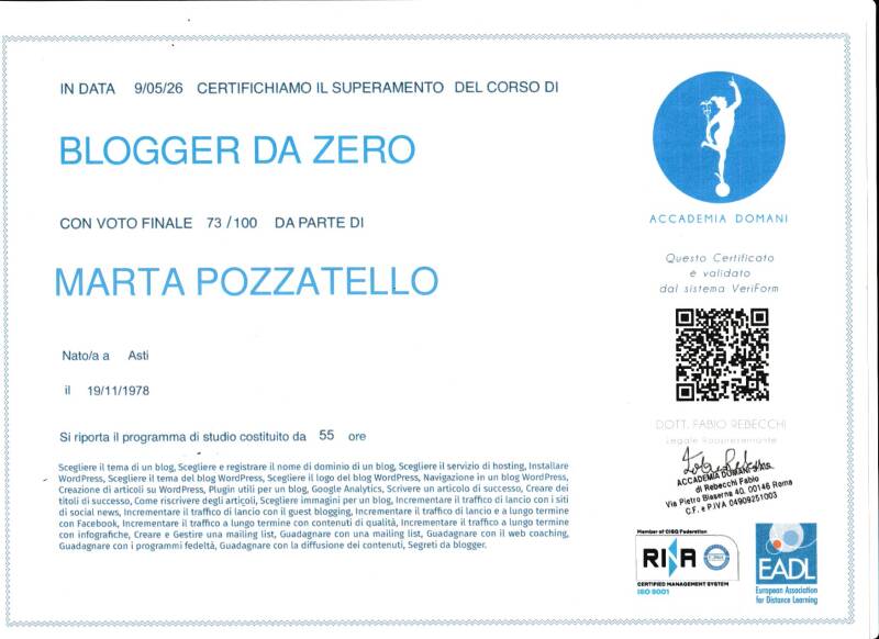 Attestato corso Blogger da zero