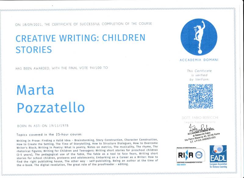 Attestato corso Creative Writing: Children Stories