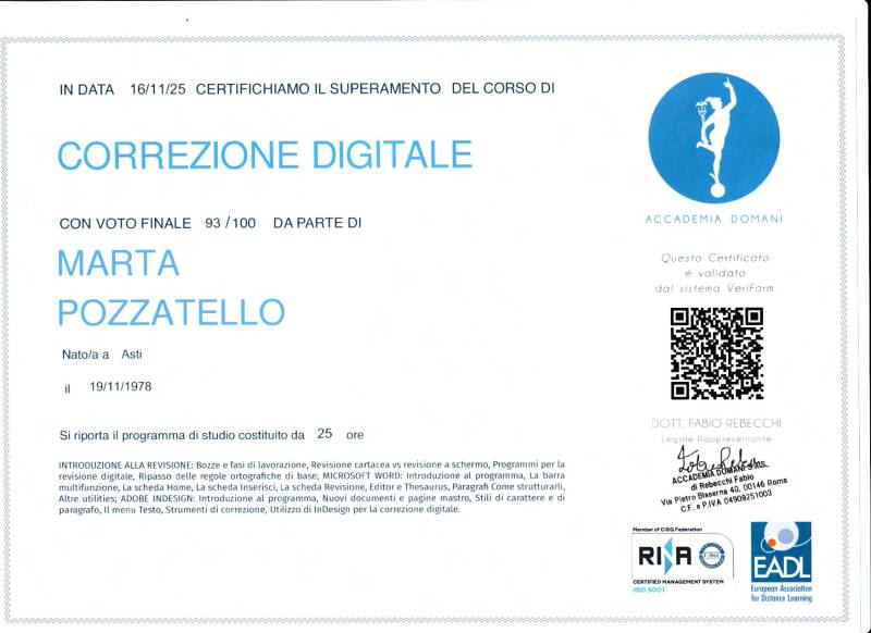 Attestato corso Correzione digitale