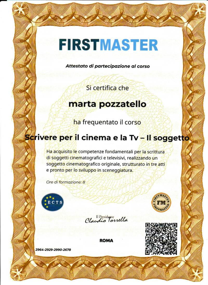 Attestato corso "Scrivere per il cinema e la tv