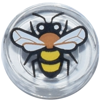 ID item:98138pb448, Tile, Round 1 x 1 with Black, Yellow Bee, Trans Clear