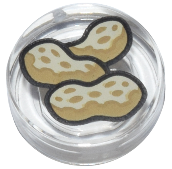 ID item:98138pb451, Tile, Round 1 x 1 with 3 Tan and Dark Tan Peanuts, Trans Clear