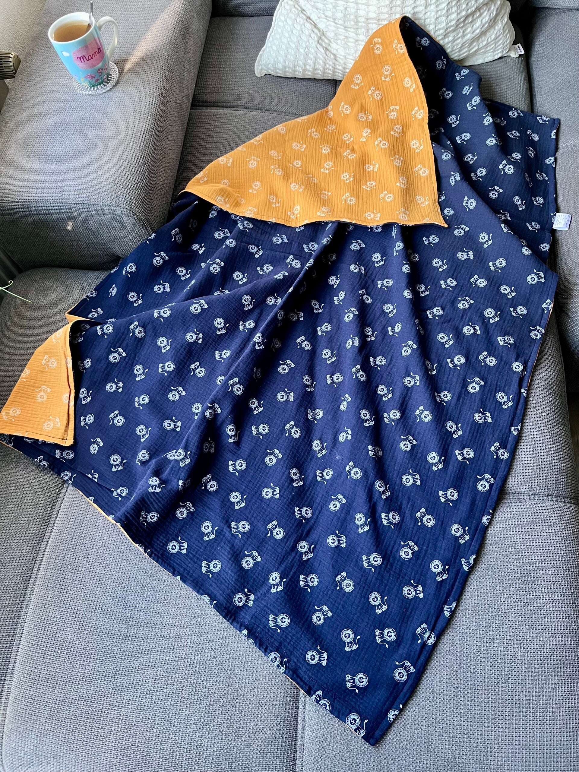 Baby- Kinderdecke Löwen Blau/Gelb