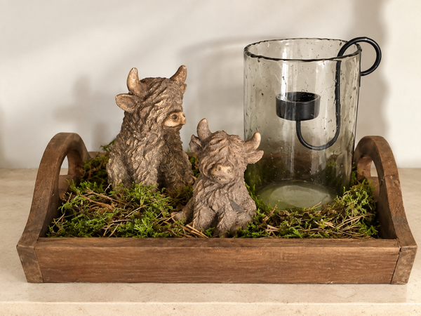 Landelijke Decoratieset Schotse Hooglanders met Windlicht 30 x 21 cm