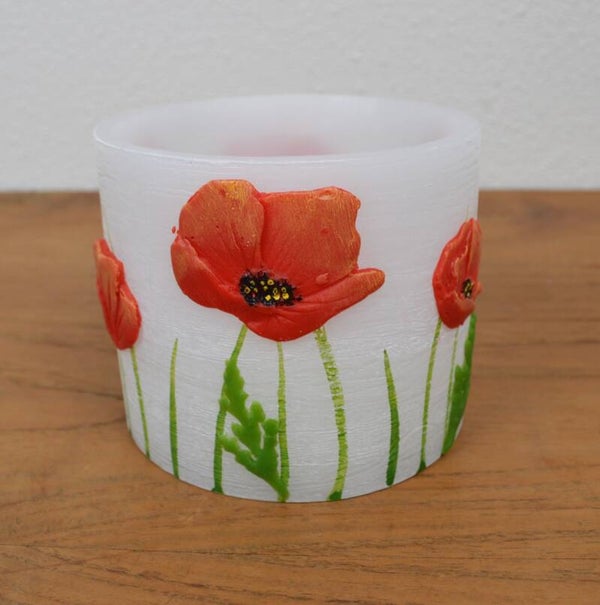 Handgemaakt paraffine windlicht met klaprozen – sfeervolle waxinelichthouder