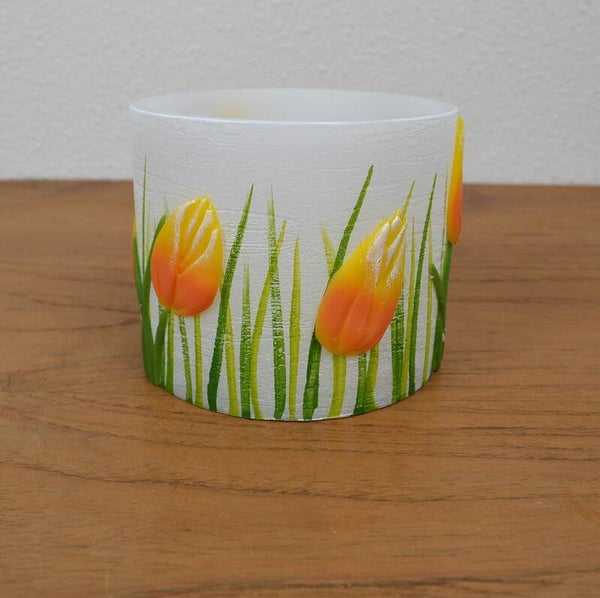 Handgemaakt paraffine windlicht met tulpen – sfeervolle waxinelichthouder( Geel )