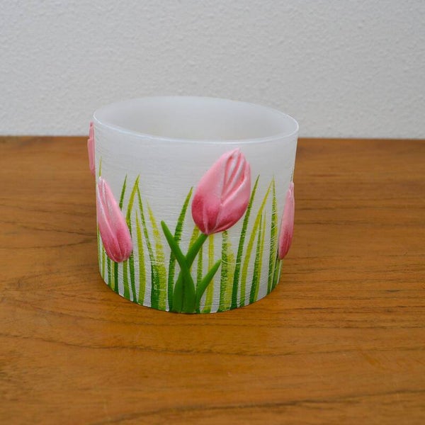 Handgemaakt paraffine windlicht met tulpen – sfeervolle waxinelichthouder ( roze )