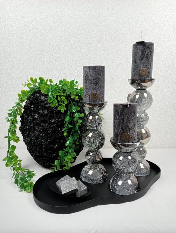 Light&Living Set van 3 Kaarsenhouders Smoke Glas met Bubbels – 16, 27 & 34 cm – Luxe Kandelaren