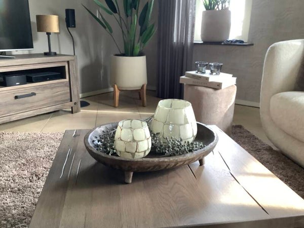 Landelijke Decoratieset met Mangohouten Schaal, Windlichten & Dadeltak