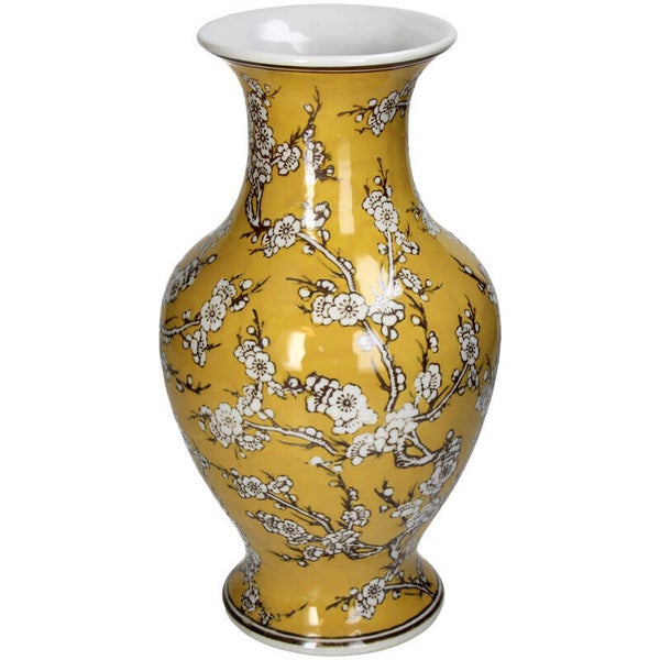 Luxe Decoratieve Vaas van Fijn Porselein – Geel met Oosters Bloemenpatroon (35 cm)