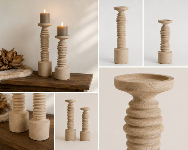 Light & Living Kandelaars Set Zandkleur 32 & 40 cm met Countryfield LED Kaarsen Taupe