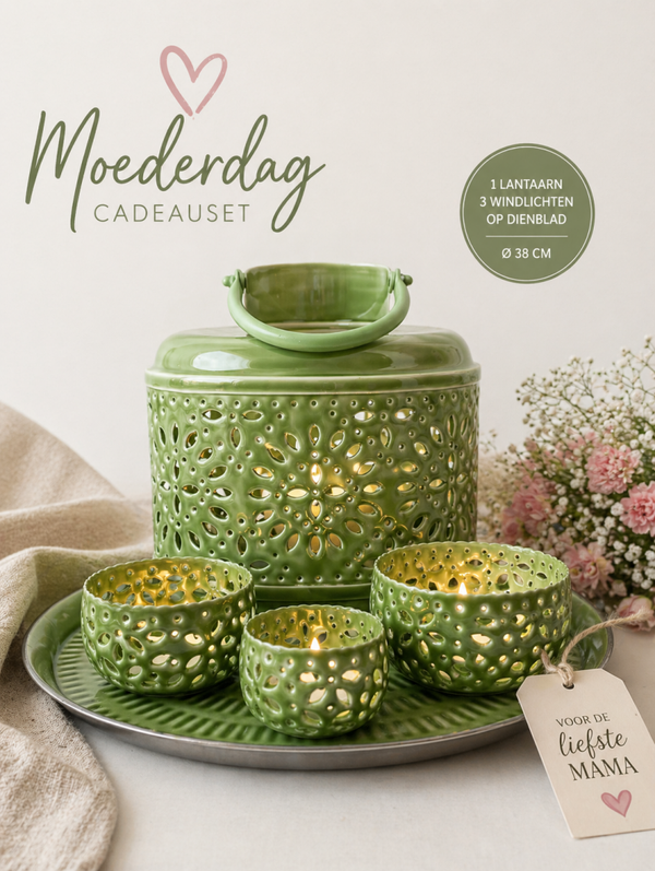 Moederdag cadeauset – Emaille dienblad met lantaarn & windlichten 💚