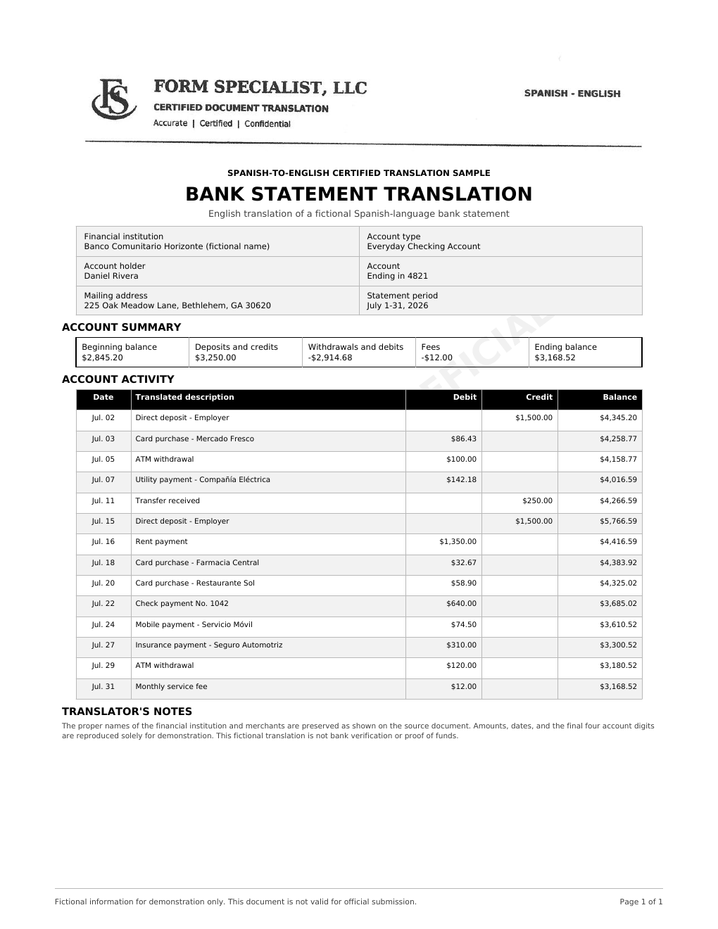 Bank Statement Translation