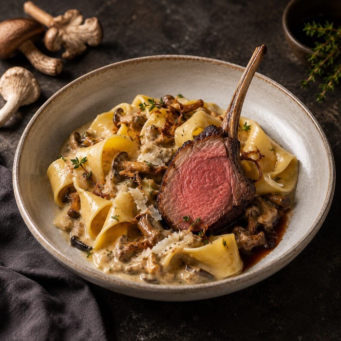 Pappardelle Forestière met hertenrack, bordopmaak