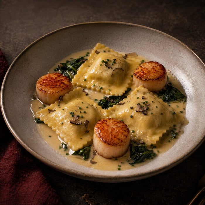 Ravioli Tartufo met coquille en beurre blanc, bordopmaak