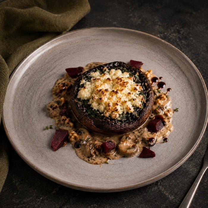 Portobello Forestière met geitenkaas, bordopmaak
