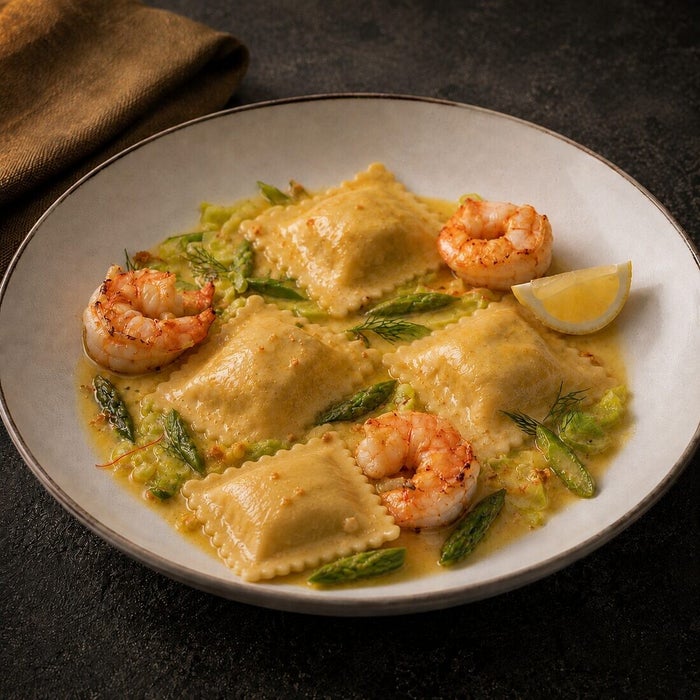 Ravioli Tartufo met gamba en saffraan, bordopmaak