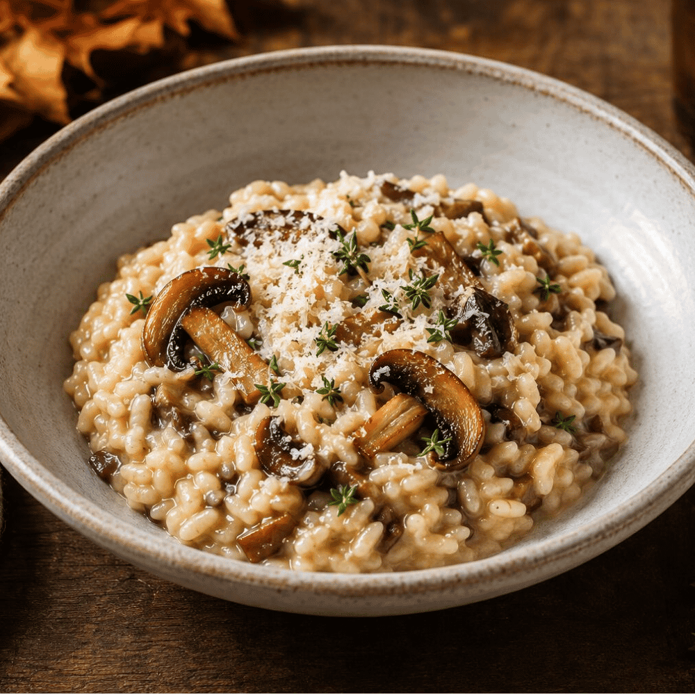 Bordopmaak risotto met bospaddenstoelen en tijm