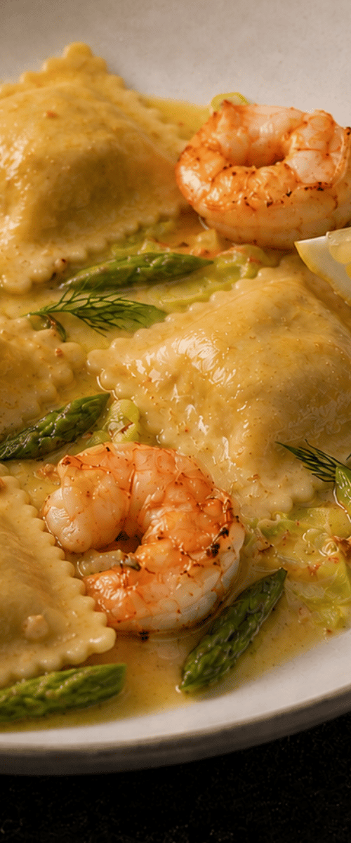 Ravioli Tartufo met gamba en saffraan