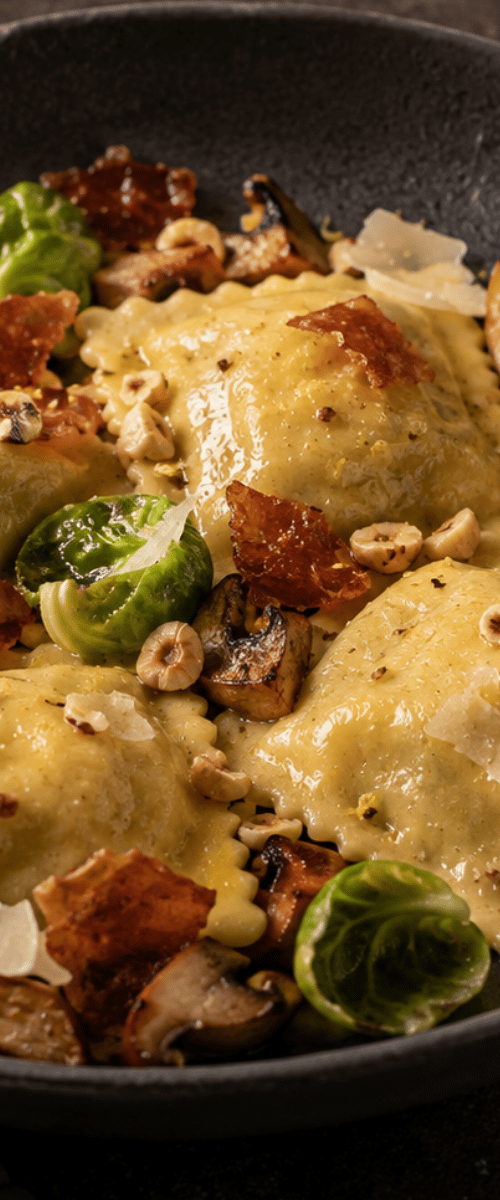 Ravioli Tartufo met pancetta en spruitblad