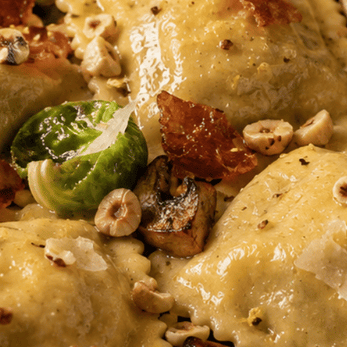 Ravioli Tartufo met pancetta en spruitblad