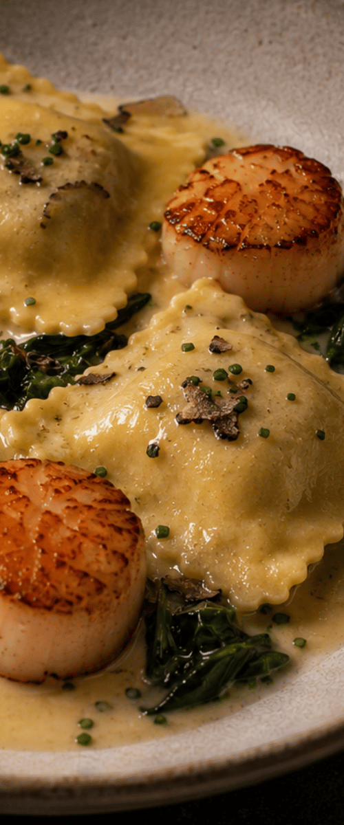 Ravioli Tartufo met coquille en beurre blanc