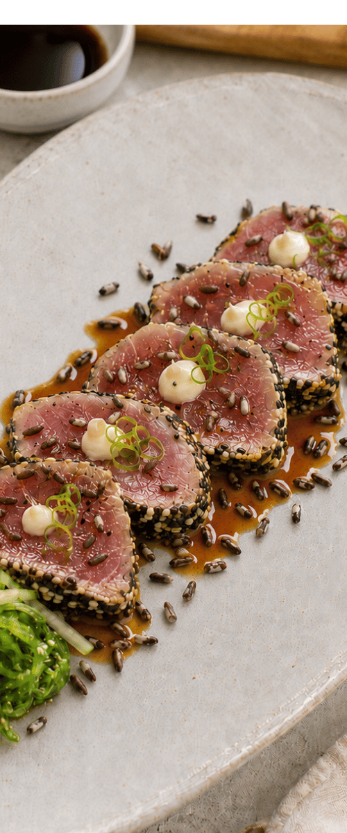 Tonijn tataki met gepofte zwarte rijst