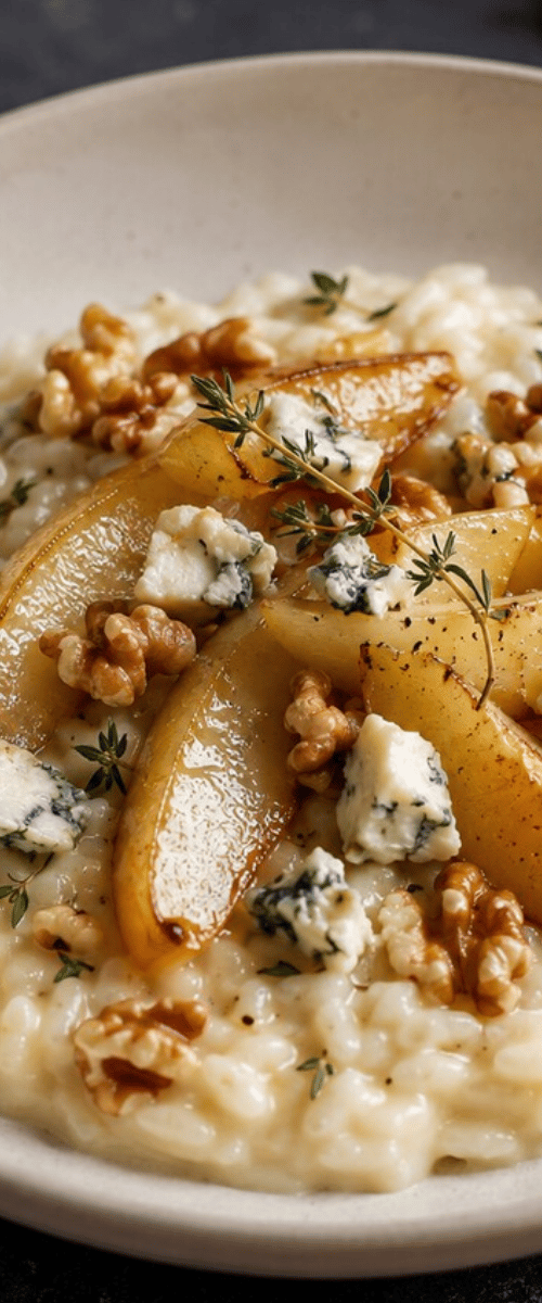 Risotto met peer, gorgonzola, walnoot en tijm