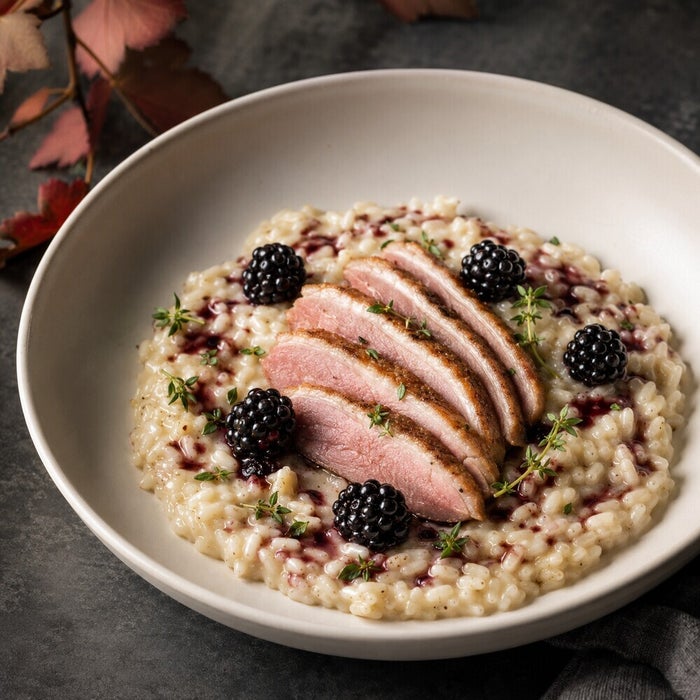 Risotto met gerookte eendenborst, braam en tijm, bordopmaak