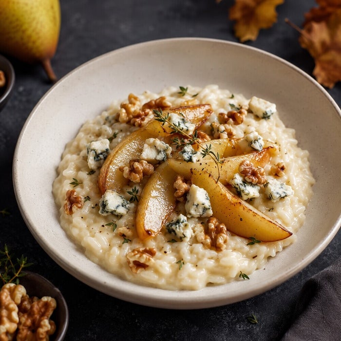 Risotto met peer, gorgonzola en walnoot, bordopmaak