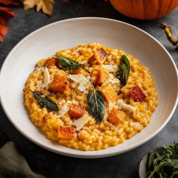 Risotto met pompoen, salie en Parmezaan, bordopmaak