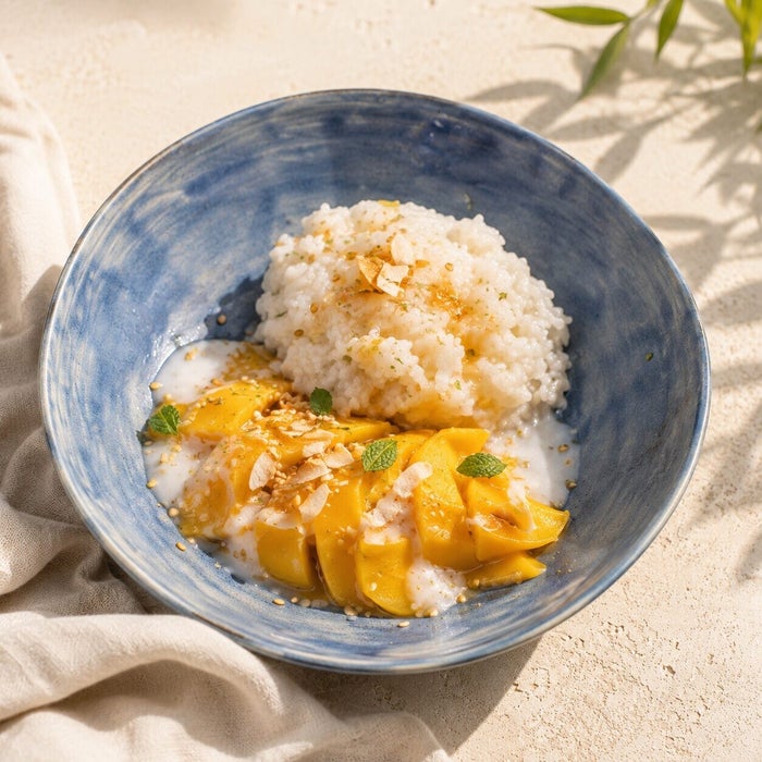 Sticky rice met kokos en mango, bordopmaak