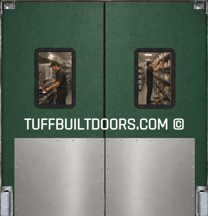 green restaurant kitchen doors