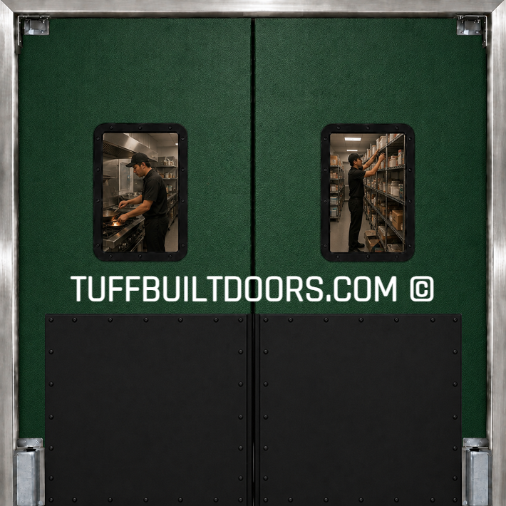 green restaurant kitchen door